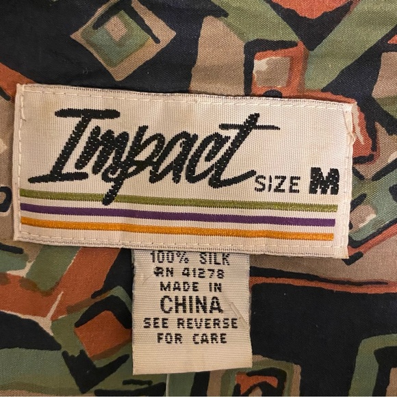 Vintage 90s IMPACT 100% Silk Men's Geometric Button Up M Long Sleeve Shirt Y2K - Picture 2 of 11
